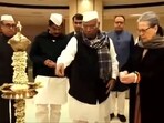 Congress president Mallikarjun Kharge and former president Sonia Gandhi light a lamp during the innauguration of new party headquarters in New Delhi on Tuesday. Congress president Mallikarjun Kharge and former president Sonia Gandhi light a lamp during the innauguration of new party headquarters in New Delhi on Tuesday.
