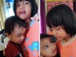 A sister shielding her brother from their mom’s scolding. A sister shielding her brother from their mom’s scolding.