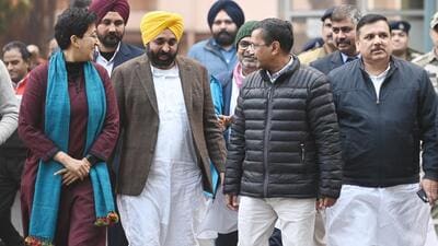 (From left) Delhi CM Atishi, Punjab chief minister Bhagwant Mann, AAP convenor Arvind Kejriwal and AAP MP Sanjay Singh. (Sanjeev Verma/ HT Photo)