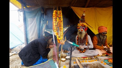 A Naga Sadhu blesses a devotee inside his tent during the "Maha Kumbh Mela", or the Pitcher Festival, in Prayagraj (REUTERS) A Naga Sadhu blesses a devotee inside his tent during the "Maha Kumbh Mela", or the Pitcher Festival, in Prayagraj (REUTERS)