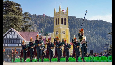 A pipe band performs on the Army Day at Ridge in Shimla on Wednesday. (PTI)