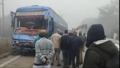 Due to dense fog, the Gwalior registered bus suddenly applied its brakes to avoid colliding with a car in front, when the other bus, travelling at a comparatively high speed, rammed it from behind, said police. (HT Photo) Due to dense fog, the Gwalior registered bus suddenly applied its brakes to avoid colliding with a car in front, when the other bus, travelling at a comparatively high speed, rammed it from behind, said police. (HT Photo)