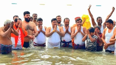 Union Minister of State and West Bengal BJP President Sukanta Majumdar takes a holy dip during the 'Makar Sankranti' festival at the Gangasagar Mela, at Sagar Island in South 24 Parganas. The festival this year coincides with the Maha Kumbh Mela, which is being held in Uttar Pradesh after 12 years. (PTI) Union Minister of State and West Bengal BJP President Sukanta Majumdar takes a holy dip during the 'Makar Sankranti' festival at the Gangasagar Mela, at Sagar Island in South 24 Parganas. The festival this year coincides with the Maha Kumbh Mela, which is being held in Uttar Pradesh after 12 years. (PTI)