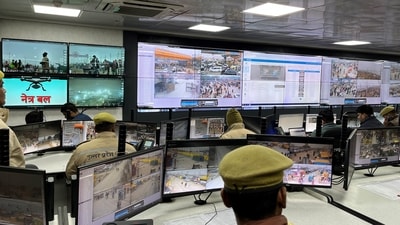 Mahakumbh, day 3: Police officers monitor screens at the Integrated Command and Control Center which is set up to manage and control the crowd during the ongoing Maha Kumbh Mela” in Prayagraj, January 15, 2025.&nbsp; (REUTERS)