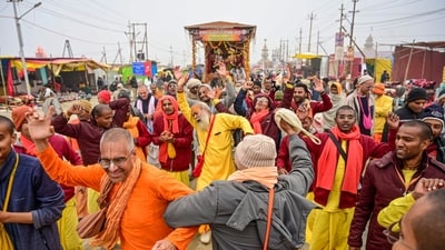 Mahakumbh, day 3: ISCKON devotees take part in a 'Shobha Yatra' during the Mahakumbh 2025, at Sangam in Prayagraj, Wednesday, Jan. 15, 2025. (PTI) Mahakumbh, day 3: ISCKON devotees take part in a 'Shobha Yatra' during the Mahakumbh 2025, at Sangam in Prayagraj, Wednesday, Jan. 15, 2025. (PTI)