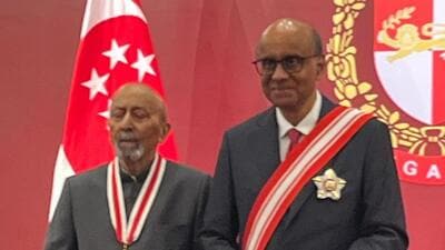 Singapore President Tharman Shanmugaratnam on Wednesday conferred the award on Tarun Das (HT photo)