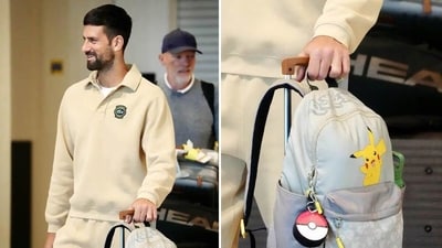 Novak Djokovic was spotted with his son's Pikachu backpack at the Brisbane airport. Novak Djokovic was spotted with his son's Pikachu backpack at the Brisbane airport.