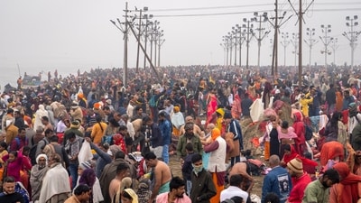 Hindu pilgrims bathe at the confluence of the Ganges, the Yamuna, and the mythical Saraswati rivers on the first day of the 45-day-long Mahakumbh festival in Prayagraj, Monday, January 13. (AP) Hindu pilgrims bathe at the confluence of the Ganges, the Yamuna, and the mythical Saraswati rivers on the first day of the 45-day-long Mahakumbh festival in Prayagraj, Monday, January 13. (AP)