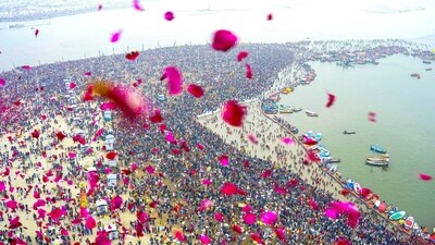Flower petals being showered on devotees gather to take a dip at Triveni Sangam on the occasion of ‘Makar Sankranti’ during the ongoing Maha Kumbh 2025, in Prayagraj on Monday. (Yogi Adityanath X) Flower petals being showered on devotees gather to take a dip at Triveni Sangam on the occasion of ‘Makar Sankranti’ during the ongoing Maha Kumbh 2025, in Prayagraj on Monday. (Yogi Adityanath X)