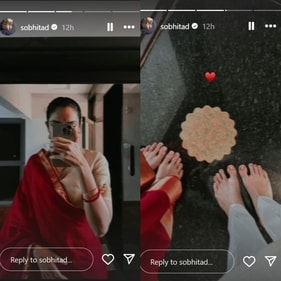 Sobhita wore a red saree and beige blouse. Sobhita wore a red saree and beige blouse.