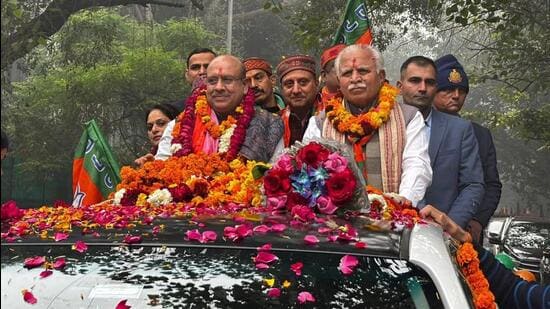 Former Haryana CM Manohar Lal Khattar campaigning in Delhi. (HT Photo)