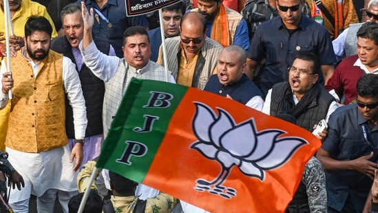LoP in West Bengal Assembly and BJP leader Suvendu Adhikari takes part in a protest rally. (File image) (PTI)