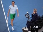 Russia's Daniil Medvedev speaks to the umpire during his men's singles match against USA's Learner Tien on day five of the Australian Open tennis tournament in Melbourne on January 16, 2025