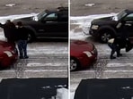 The man swiftly turns around and hit her back then picks her up and slams her hard on the icy road and leaves with his car. The man swiftly turns around and hit her back then picks her up and slams her hard on the icy road and leaves with his car.