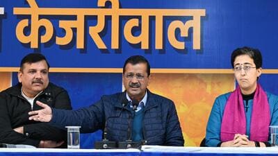 (From left) Sanjay Singh, Arvind Kejriwal and Atishi at a press conference at AAP headquarters in New Delhi on Thursday. (Sanchit Khanna/HT Photo) (From left) Sanjay Singh, Arvind Kejriwal and Atishi at a press conference at AAP headquarters in New Delhi on Thursday. (Sanchit Khanna/HT Photo)