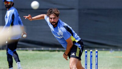 Kuldeep Yadav bowls during a practice session. (Surjeet Yadav)
