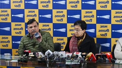 AAP Rajya Sabha MP Sanjay Singh put his mobile on speaker mode to give proof of voter deletion in New Delhi District during a Press Conference with Chief Minister Atishi and senior leader Raghav Chadha at Party HQ in New Delhi, India, on Monday. (Hindustan Times/Vipin Kumar)