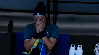 Ons Jabeur of Tunisia reacts during a break in her second round match against Camila Osorio of Colombia at the Australian Open (AP) Ons Jabeur of Tunisia reacts during a break in her second round match against Camila Osorio of Colombia at the Australian Open (AP)