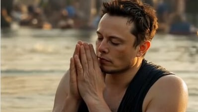 An AI video shows Elon Musk taking a holy dip in the Sangam at Mahakumbh. (Instagram/@artificialbudhi)