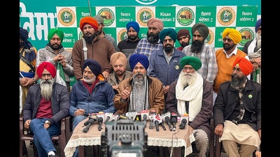 Farmer leader Sarwan Singh Pandher addressing the media at the Shambhu border in Patiala on Thursday. (PTI) Farmer leader Sarwan Singh Pandher addressing the media at the Shambhu border in Patiala on Thursday. (PTI)