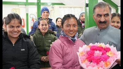 Himachal chief minister Sukhvinder Singh Sukhu meets children at his official residence in Shimla on Thursday.