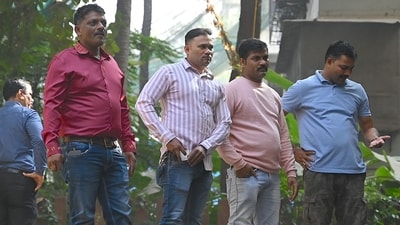 Mumbai police personnel stand inside the premises of Bollywood actor Saif Ali Khan's house at Sadguru Sharan in Mumbai on January 16, 2025. (AFP)