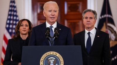 US President Joe Biden, flanked by US Vice President Kamala Harris and US Secretary of State Antony Blinken, speaks after negotiators reached a phased deal for a ceasefire in Gaza between Israel and Hamas. (REUTERS)
