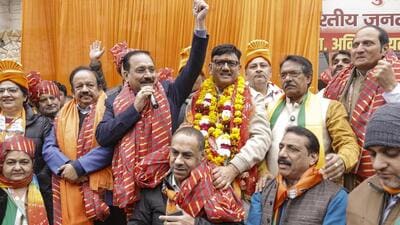 New Delhi: BJP candidate from Krishna Nagar constituency Anil Goyal with Delhi BJP President Virendra Sachdeva, Union MoS Harsh Malhotra and party leader Harsh Vardhan before filing his nomination for the upcoming Delhi Assembly elections, in New Delhi on Thursday. (PTI) New Delhi: BJP candidate from Krishna Nagar constituency Anil Goyal with Delhi BJP President Virendra Sachdeva, Union MoS Harsh Malhotra and party leader Harsh Vardhan before filing his nomination for the upcoming Delhi Assembly elections, in New Delhi on Thursday. (PTI)