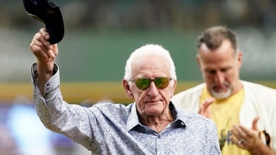 FILE - Milwaukee Brewers radio announcer Bob Uecker tips his cap before a baseball game between the Milwaukee Brewers and the Miami Marlins,, July 28, 2024, in Milwaukee. (AP Photo/Aaron Gash) (AP)