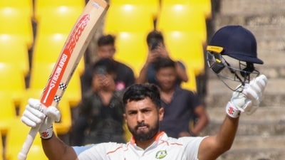 Nagpur: Vidarbha's Karun Nair celebrates his century during the 3rd day of Ranji Trophy cricket match between Vidarbha and Gujarat, at VCA stadium in Nagpur, Maharashtra, Friday, Nov. 15, 2024. (PTI Photo)(PTI11_15_2024_000224A) (PTI) Nagpur: Vidarbha's Karun Nair celebrates his century during the 3rd day of Ranji Trophy cricket match between Vidarbha and Gujarat, at VCA stadium in Nagpur, Maharashtra, Friday, Nov. 15, 2024. (PTI Photo)(PTI11_15_2024_000224A) (PTI)