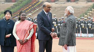President Droupadi Murmu and Prime Minister Narendra Modi with Singapore's President Tharman Shanmugaratnam and First Lady Jane Yumiko Ittogi at a ceremonial reception at Rashtrapati Bhavan on Thursday. (HT Photo/Sanjeev Verma) President Droupadi Murmu and Prime Minister Narendra Modi with Singapore's President Tharman Shanmugaratnam and First Lady Jane Yumiko Ittogi at a ceremonial reception at Rashtrapati Bhavan on Thursday. (HT Photo/Sanjeev Verma)
