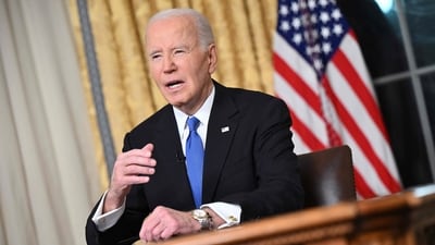 US President Joe Biden gestures as he delivers his farewell address to the nation from the Oval Office of the White House in Washington, DC, on January 15, 2025. (Photo by Mandel NGAN / POOL / AFP) (AFP) US President Joe Biden gestures as he delivers his farewell address to the nation from the Oval Office of the White House in Washington, DC, on January 15, 2025. (Photo by Mandel NGAN / POOL / AFP) (AFP)