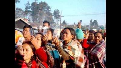 Women voters wait in queues to cast their votes at a polling station during assembly polls at Kangpokpi in Senapati district. PTI Photo Women voters wait in queues to cast their votes at a polling station during assembly polls at Kangpokpi in Senapati district. PTI Photo