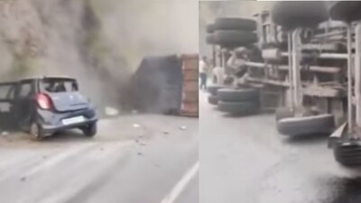 The truck driver was seen climbing out of the overturned vehicle. (Instagram/@itx_shadu_04) The truck driver was seen climbing out of the overturned vehicle. (Instagram/@itx_shadu_04)