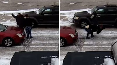 The man swiftly turns around and hit her back then picks her up and slams her hard on the icy road and leaves with his car. (X/@JLee2028) The man swiftly turns around and hit her back then picks her up and slams her hard on the icy road and leaves with his car. (X/@JLee2028)