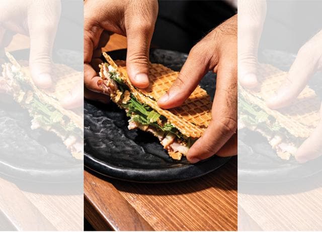 At Mumbai’s Bandra Born, Gresham Fernandes serves a savoury stroopwafel that maximises the crunch.