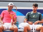 Rafael Nadal and Carlos Alcaraz during a practice session.