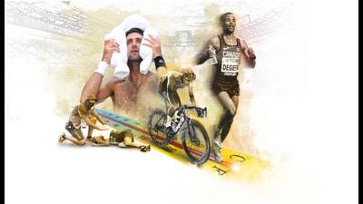 (Clockwise from above) Swiss triathlete Max Studer collapses at the Tokyo Games. Tennis’s Novak Djokovic tries to cool off during the 2018 US Open. Danish cyclist Christopher Juul Jensen at the 2022 Tour de France; roads had to be hosed down to keep them from melting. Canadian runner Berhanu Degefa at the midnight marathon in Doha, in 2019. (Photos: Getty Images, Shutterstock) (Clockwise from above) Swiss triathlete Max Studer collapses at the Tokyo Games. Tennis’s Novak Djokovic tries to cool off during the 2018 US Open. Danish cyclist Christopher Juul Jensen at the 2022 Tour de France; roads had to be hosed down to keep them from melting. Canadian runner Berhanu Degefa at the midnight marathon in Doha, in 2019. (Photos: Getty Images, Shutterstock)