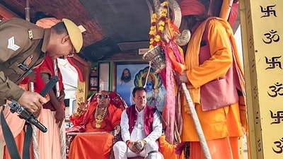 ‘Environment Baba’ alias Arun Giri Maharaj arrived at the Mahakumbh mela with pomp and fanfare, and encouraged devotees to plant two trees - one for their final rites and one peepal tree for oxygen. (ANI Pic Service) ‘Environment Baba’ alias Arun Giri Maharaj arrived at the Mahakumbh mela with pomp and fanfare, and encouraged devotees to plant two trees - one for their final rites and one peepal tree for oxygen. (ANI Pic Service)