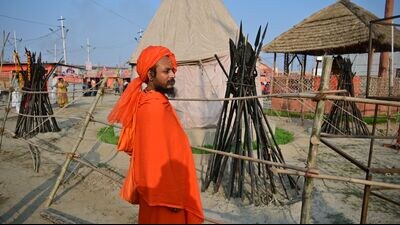Ancient weapons near the Dharam dhwaja at Juna Akhada’s camp in Mahakumbh-2025 in Prayagraj (Anil Kumar Maurya/HT) Ancient weapons near the Dharam dhwaja at Juna Akhada’s camp in Mahakumbh-2025 in Prayagraj (Anil Kumar Maurya/HT)