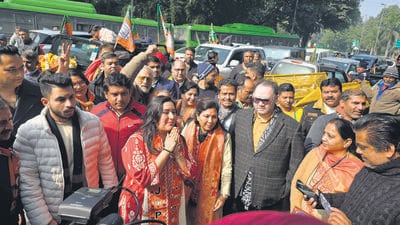BJP leader and New Delhi MP Bansuri Swaraj during a road show on Friday. (HT Photo) BJP leader and New Delhi MP Bansuri Swaraj during a road show on Friday. (HT Photo)