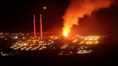 Burning fire at the site of Vistra Corp's power plant in Moss Landing, California, on January 16, 2025 in this screen grab obtained from a social media video. (@picklerich831 via REUTERS)