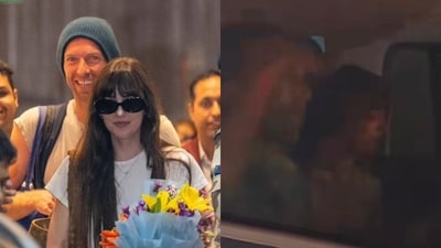 Chris Martin and Dakota Johnson stuck in Mumbai traffic. Chris Martin and Dakota Johnson stuck in Mumbai traffic.