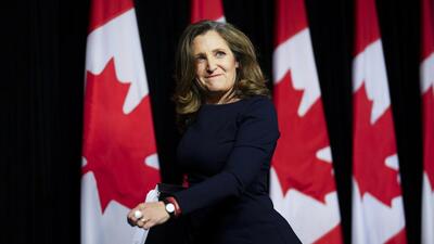 Deputy Prime Minister and Minister of Finance Chrystia Freeland holds a press conference in Ottawa, Ontario, on April 16, 2024. (AP)