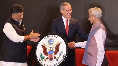 External Affairs Minister S Jaishankar and US Ambassador Eric Garcetti lead the inauguration ceremony. (X/Tejasvi Surya) External Affairs Minister S Jaishankar and US Ambassador Eric Garcetti lead the inauguration ceremony. (X/Tejasvi Surya)
