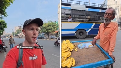 A Hyderabad fruit seller was seen demanding ₹100 for a single banana (Instagram/@hugh.abroad) A Hyderabad fruit seller was seen demanding ₹100 for a single banana (Instagram/@hugh.abroad)