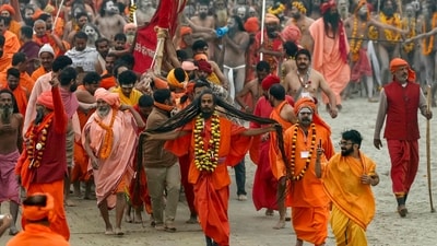 Mahakumbh 2025 Live: Sadhus arrive in Prayagraj on January 14, 2025, to take a dip in Sangam, the confluence of the Ganges, Yamuna, and mythical Saraswati rivers, for Shahi Snan, or 'royal bath', during the Maha Kumbh Mela festival. (AFP) Mahakumbh 2025 Live: Sadhus arrive in Prayagraj on January 14, 2025, to take a dip in Sangam, the confluence of the Ganges, Yamuna, and mythical Saraswati rivers, for Shahi Snan, or 'royal bath', during the Maha Kumbh Mela festival. (AFP)