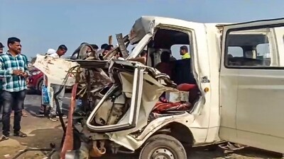 Pune: People gather near the wreckage of a vehicle at the site after a tempo hit a minivan, causing it to ram into a stationary bus on the Pune-Nashik Highway. (PTI) Pune: People gather near the wreckage of a vehicle at the site after a tempo hit a minivan, causing it to ram into a stationary bus on the Pune-Nashik Highway. (PTI)
