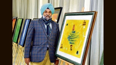 Retired IRS officer Harmeet Singh with his painting at the exhibition that opened at Foothills Club, IAS-PCS Society, Sector 1, New Chandigarh, on Friday. (Keshav Singh/HT) Retired IRS officer Harmeet Singh with his painting at the exhibition that opened at Foothills Club, IAS-PCS Society, Sector 1, New Chandigarh, on Friday. (Keshav Singh/HT)