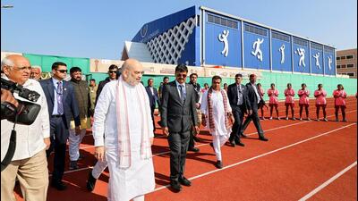 Union home minister Amit Shah during the inauguration of the Vadnagar Sports Complex in Mehsana on Thursday. (Photo from X) Union home minister Amit Shah during the inauguration of the Vadnagar Sports Complex in Mehsana on Thursday. (Photo from X)